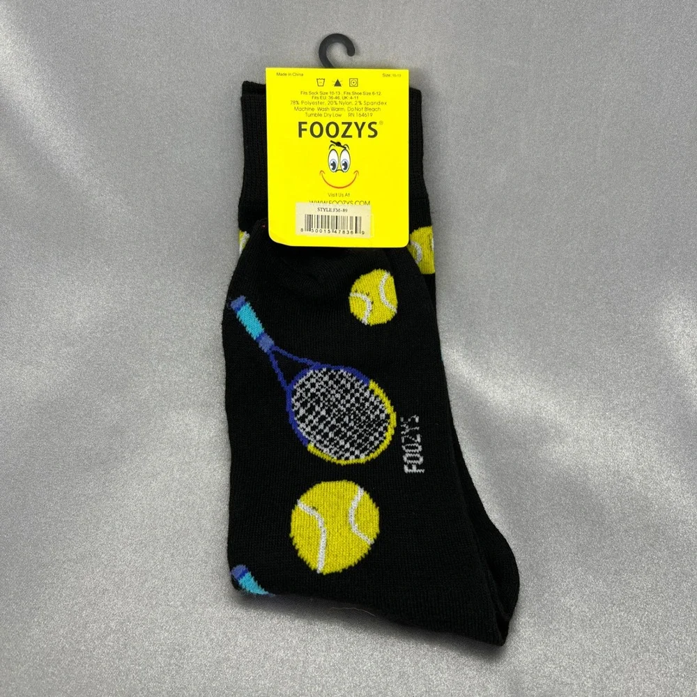 Foozys Unisex Tennis Racket Ball Novelty Crew Socks Black Shoe Sz 6-12 - Gifts